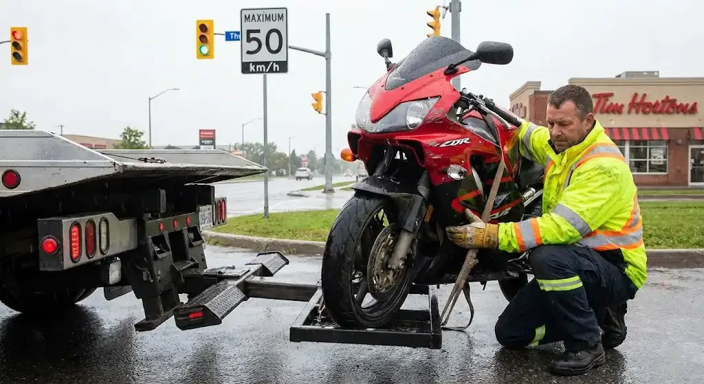 Richmond motorcycle being safely loaded for transport